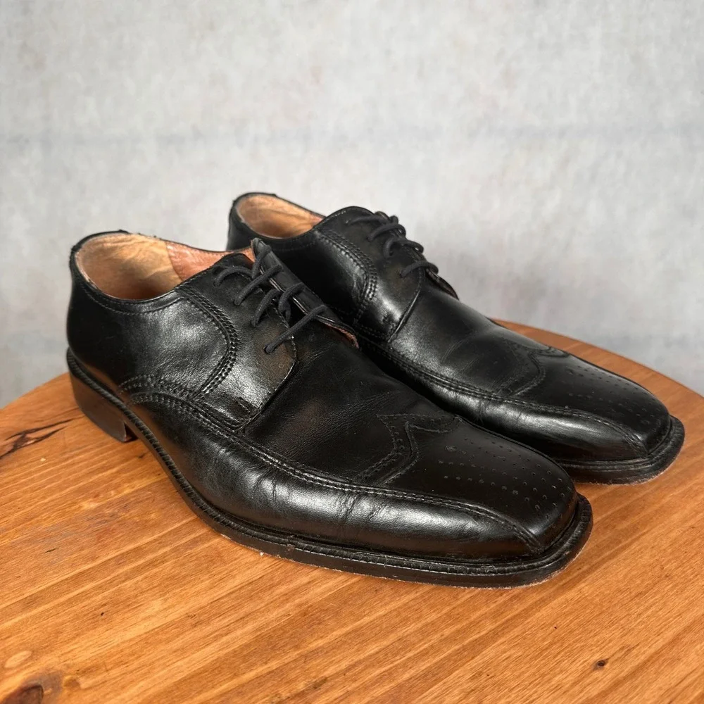 Joseph Abboud Oxford Shoes Mens 9.5 Black Good Wingtip Brogue Square Toe Leather